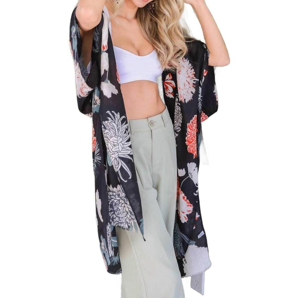 NEW LETO floral motif boho festival cover up kimono in black